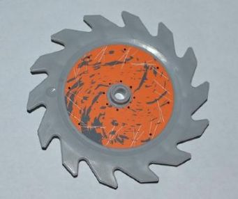 Lego Technic Circular Saw Blade 9 x 9 with Pin Hole and Teeth in Same Direction with Splatter and Scratches on Orange Background Outside Pattern (Sticker) - Sets 8708 / 8963