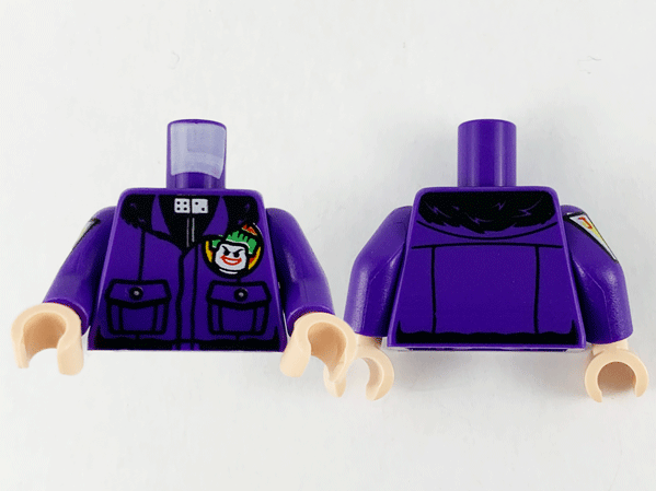 Lego Torso Jacket with Pockets and Joker Logo Pattern / Dark Purple Arm Left / Dark Purple Arm Right with Joker Cards Pattern / Light Nougat Hands