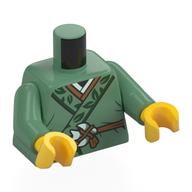 Lego Torso, Robe, Dark Green Trim, Leaves, Medium Nougat Belt with Buckle print, Sand Green Arms, Yellow Hands / Sand Green