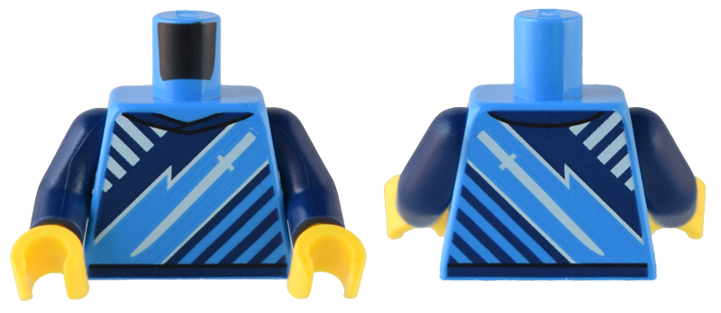 Lego Torso T-Shirt with White Sword and Angled Dark Blue Lines Pattern / Dark Blue Arms / Yellow Hands