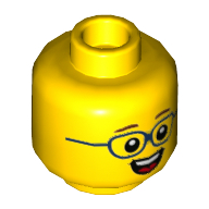 Lego Minifig Head, Brown Eyebrows, Dark Blue Glasses, Open Mouth, teeth / Yellow