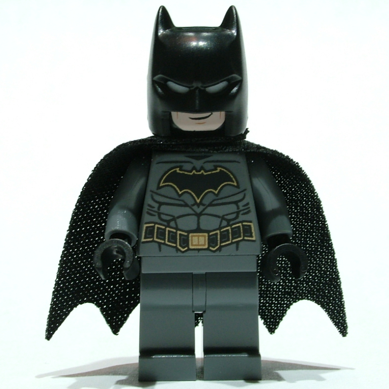 Lego Batman, Dark Bluish Gray Suit, Black Cape and Cowl, Black Head, Dark Bluish Gray Legs, Gold Trim Batman Logo (19185 Cape)