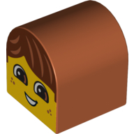 Lego Duplo Brick 2 x 2 x 2 Curved Top with Boy Face, Open Smile, Freckles, Brown Hair Print / Dark Orange