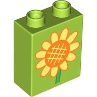 Lego Duplo Brick 1 x 2 x 2 with Sunflower print / Lime