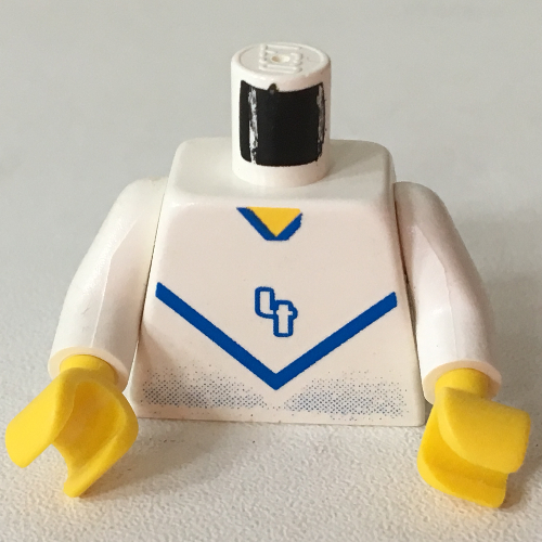 Lego Torso Soccer Shirt with Blue Chevron and '10' Front and Back Print, White Arms, Yellow Hands / White