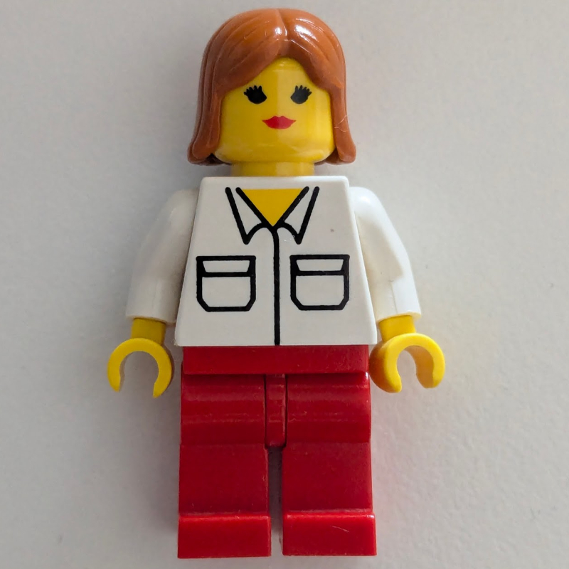 Lego Woman, White Shirt with Pockets, Red Legs, Dark Orange Hair
