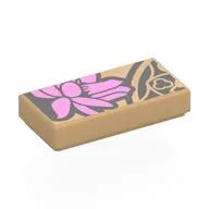 Tile 1 x 2 with Dark Pink Flower, Tattoo Print / Warm Tan