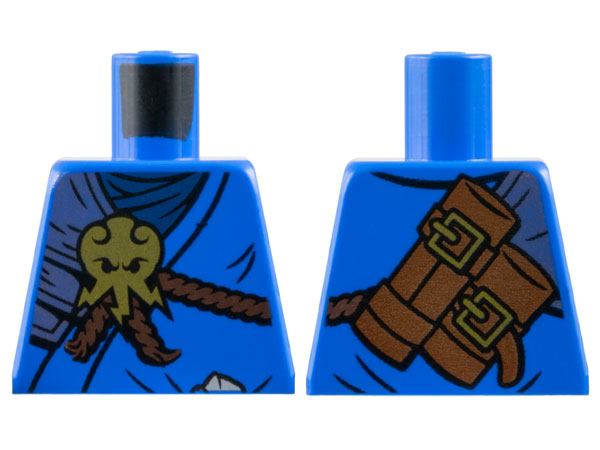 Lego Torso Ninja Robe over Dark Blue Wrap, Silver Shoulder Armor, Reddish Brown Rope, Gold Lightning Octopus Symbol, Scabbards with Buckles on Back Pattern