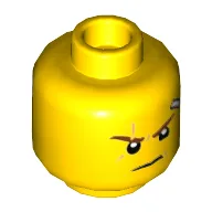 Minifig Head Kai, Reddish Brown Eyebrows, Medium Nougat Scar, Bandage, Lopsided Grin with Teeth / Determined Print / Yellow
