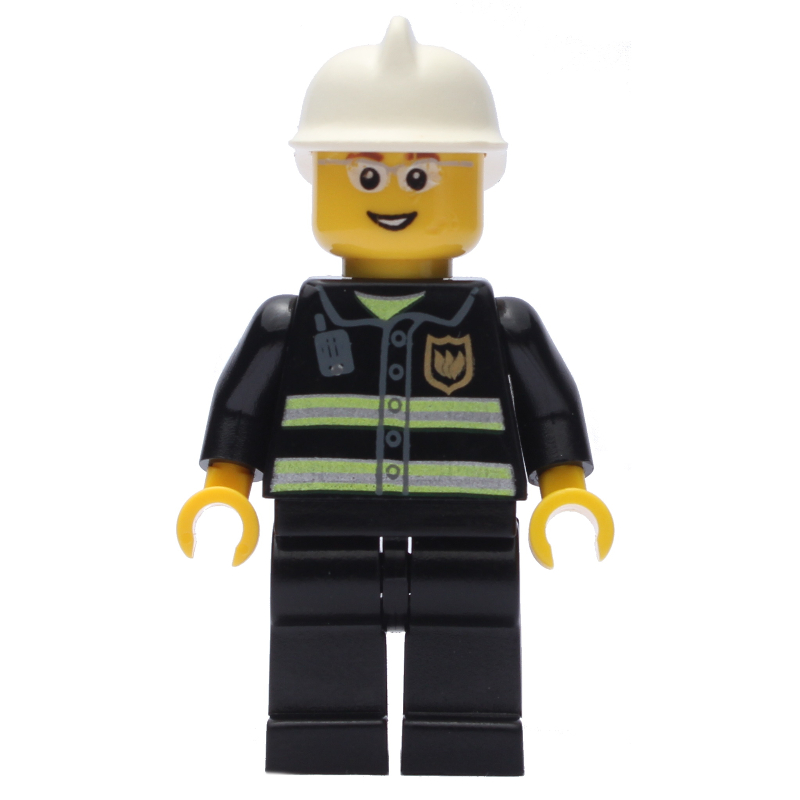 Lego Fireman, Black Fire Jacket with Reflective Stripes, Radio, and Badge, White Helmet, Glasses