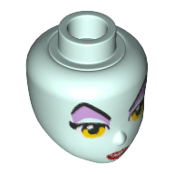 Lego Minidoll Head with Yellow Eyes, Raised Eyebrows, Lavender Eye Shadow, Red Lips, Open Mouth Print (Maleficent) / Light Aqua