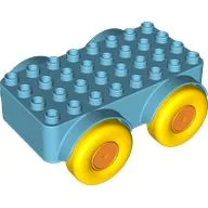 Duplo Car Base 4 x 8 with Four Large Yellow Wheels and Orange Hubs / Medium Azure