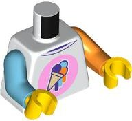 Lego Torso Shirt with Tan Ice Cream Cone with Dark Purple, Medium Azure, and Orange Scoops on Bright Pink Circle Pattern / Orange Arm Left / Medium Azure Arm Right / Yellow Hands