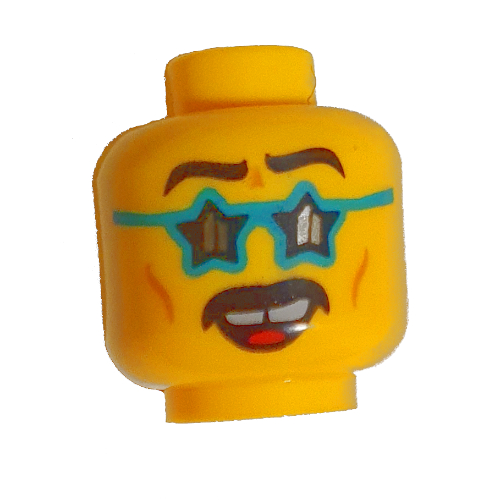 Lego Minifig Head Jacob, Dark Turquoise Glasses, Teeth, Missing Tooth, Mustache, Smile / Scared print / Yellow