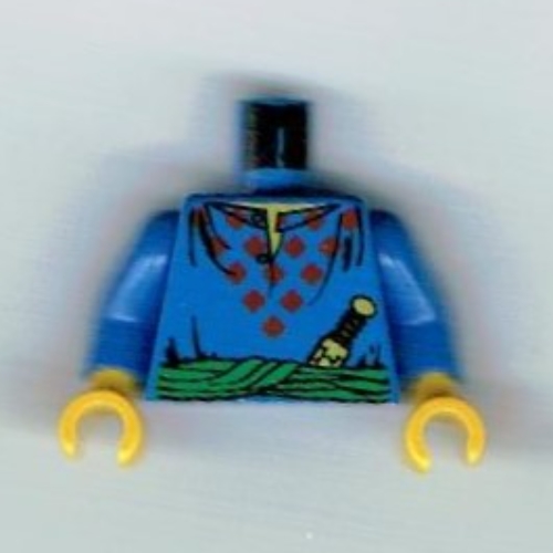 Lego Torso Tunic with Red Diamonds, Sash, Knife, Open Collar Print, Blue Arms, Yellow Hands / Blue