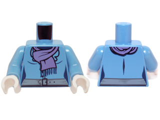 Lego Torso Female Jacket, Medium Lavender Scarf with Dark Blue Fringe, Light Bluish Gray Belt with Black Buckle Pattern / Medium Blue Arms / White Hands