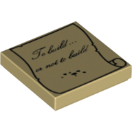 Lego Tile 2 x 2 with 'To build or not to build' Script on Ink-Splattered Parchment Print / Tan
