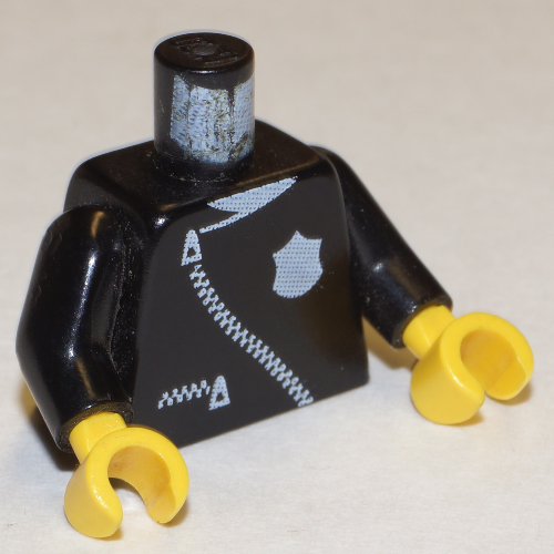 Lego Torso Leather Jacket, White Police Badge, Curved Zipper Print, Black Arms, Yellow Hands / Black