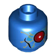 Minifig Head OMAC, Large Red Eye in Dark Azure Panel, Gold Circuitry Print [Hollow Stud] / Blue