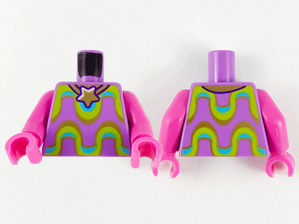 Lego Torso Gold Star Necklace, Lime, Medium Azure and Gold Wavy Stripes Pattern / Dark Pink Arms / Dark Pink Hands