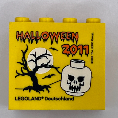 Lego Brick 2 x 4 x 3 with 'LEGOLAND Deutschland HALLOWEEN 2011', Skull Print / Yellow