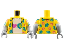 Torso Hawaiian Shirt Open with Dark Azure Leaves and Dark Pink Stars over White T-Shirt with Heart and Earth Pattern / Light Bluish Gray Arms with Molded Yellow Short Sleeves and Printed Dark Azure Leaves and Dark Pink Stars Pattern / Light Bluish Gray Hands