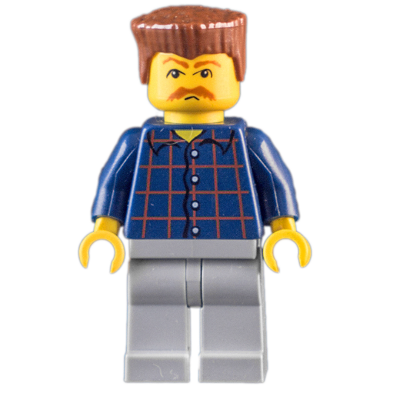 Lego Man, Dark Blue Plaid Shirt, Light Bluish Gray Legs, Reddish Brown Hair, Moustache