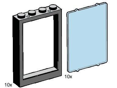 Lego 1 x 4 x 5 Black Window Frames, Transparent Blue Panes