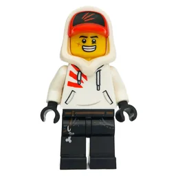 Jack Davids, White Hoodie with Hood and Red Cap, Angry / Large Grin