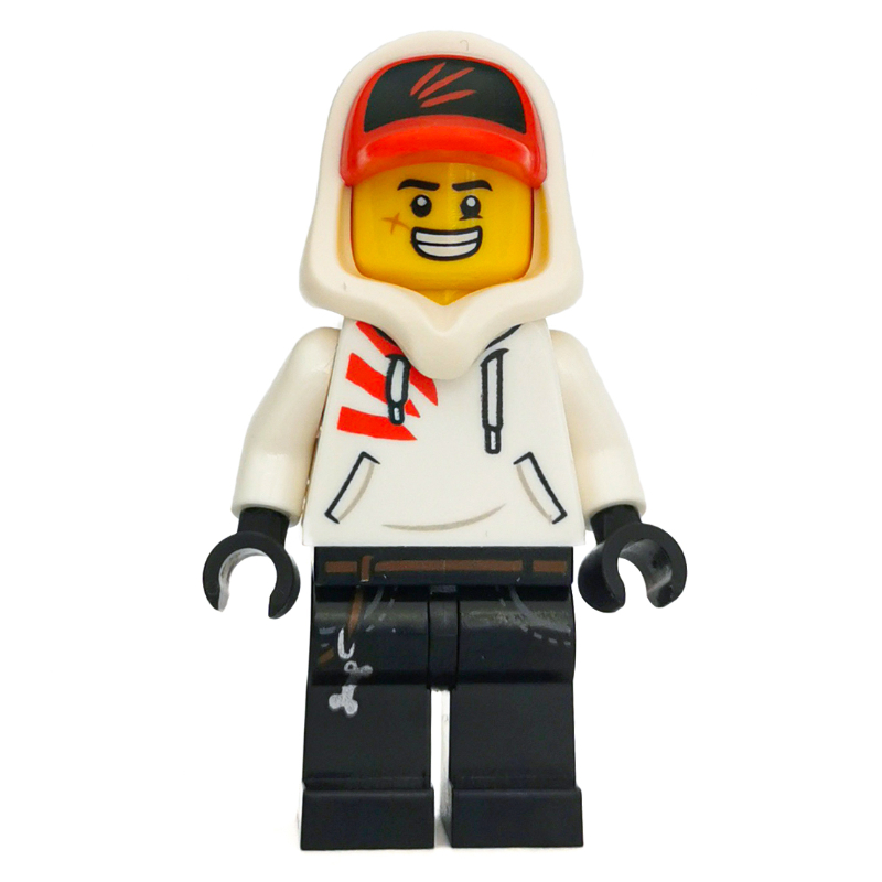 Lego Jack Davids, White Hoodie with Hood and Red Cap, Angry / Large Grin