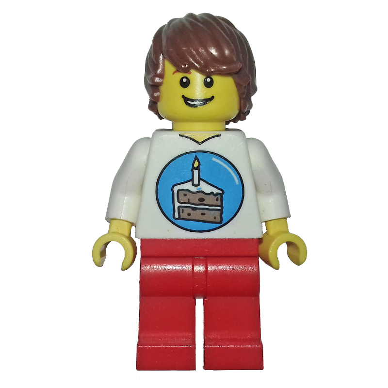 Lego Birthday Boy - White Torso, Red Legs, Reddish Brown Hair