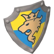 Duplo Shield, Angled Triangle with Lion Looking Right and Crown on Yellow and Blue Background Print / Pearl Light Gray