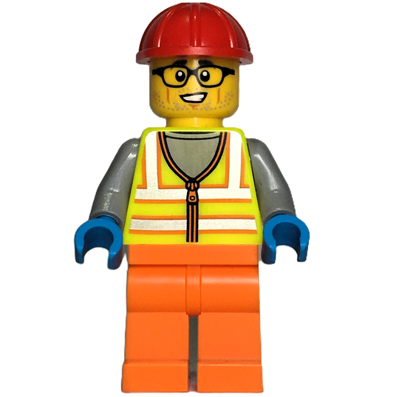 Lego Construction Worker, Vibrant Yellow Safety Vest, Orange Legs, Red Hard Hat
