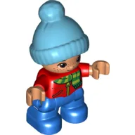 Duplo Figure Child with Knitted Bobble Cap Medium Azure, with Red Top with Green and Lime Striped Scarf - Nougat Face and Hands - Blue Legs / Red