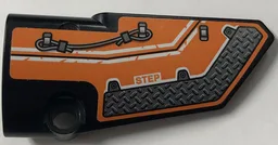 Technic, Panel Fairing # 4 Small Smooth Long, Side B with White Stripes, Cable, Tread Plate and 'STEP' on Orange Background Pattern (Sticker) - Set 42140