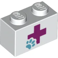 Brick 1 x 2 with Red Cross and Animal Paw Print / White