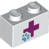Lego Brick 1 x 2 with Red Cross and Animal Paw Print / White