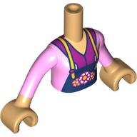 Lego Minidoll Torso Girl with Dark Blue Apron, Flowers, Bright Pink and Magenta Shirt print, Warm Tan Arms and Hands / Warm Tan