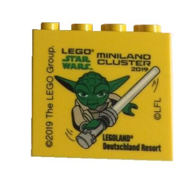 Lego Brick 2 x 4 x 3 with 'LEGOLAND Deutschland Resort LEGO STAR WARS MINILAND CLUSTER 2019' Print / Yellow