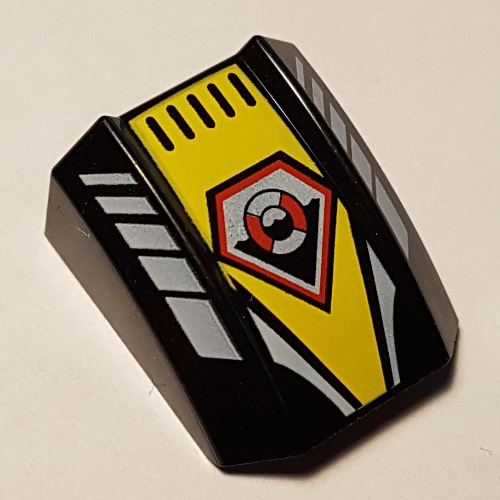 Lego Brick Curved 2 x 2 with Lip, No Studs with White/Yellow/Red Life Preserver Print / Black