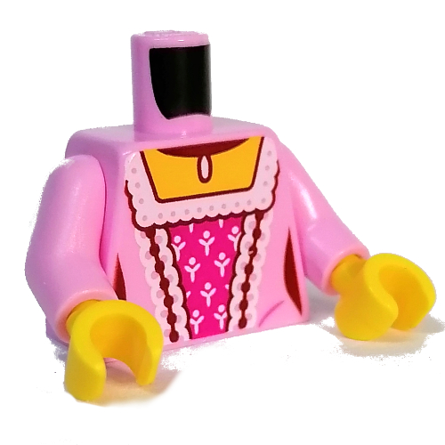 Lego Torso, Dark Pink Underdress, White Trim print, Bright Pink Arms, Yellow Hands / Bright Pink