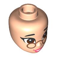Lego Minidoll Head, Reddish Brown Eyes, Dark Tan Glasses, Coral Lips print / Light Nougat