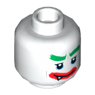 Lego Minifig Head Joker, Dual Sided Green Eyebrows, Red Lips, 1 Fang, Sardonic Smile / Worried Wide Grin Print [Hollow Stud] / White