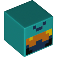 Lego Minifig Head Special, Cube with Pixelated Orange, Yellow and Dark Blue Squares, Nether Adventurer Face Print / Dark Turquoise