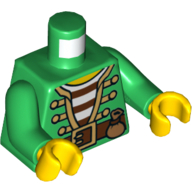Lego Torso Open Pirate Jacket Gold Trim over Striped Shirt, Belt with Pouch Print, Green Arms, Yellow Hands / Green