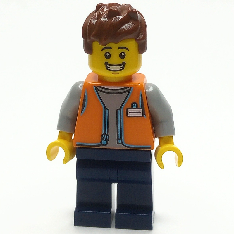 Lego Shopkeeper, Orange Vest, Dark Blue Legs, Reddish Brown Hair