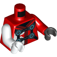 Lego Torso, Odd Arms and Hands, Robe with Dark Red Trim, Black Straps with Azure Circles Print, Left Red Arm and Black Hand, Right White Arm and Hand / Red