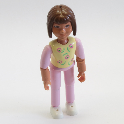 Lego Belville Figure Articulated Elbows, Child, Female, Brown Hair, Pink Legs, White Shoes, Yellow Top with Flowers Print / [No Color/Any Color]