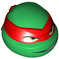 Lego Minifig Head Special, Ninja Turtle with Red Mask and Teeth Showing on One Side Print (Raphael) / Green