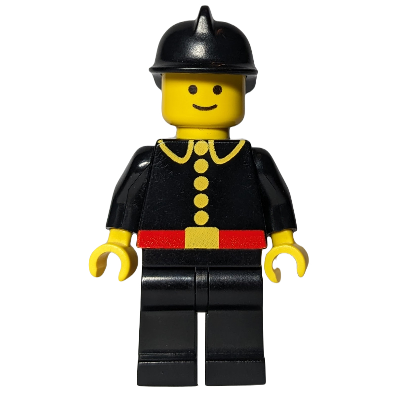 Lego Fireman, Classic, Black Fire Jacket with Red Belt and Buttons, Black Helmet